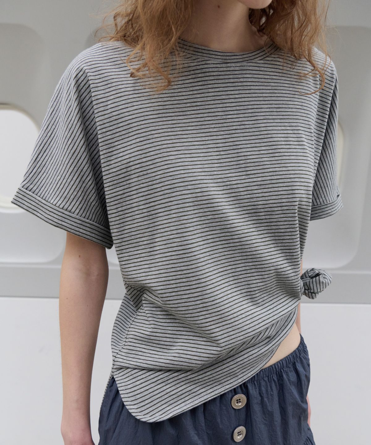 토아베(TOAVE) Roll-Up Stripe T-Shirt (Melange gray)