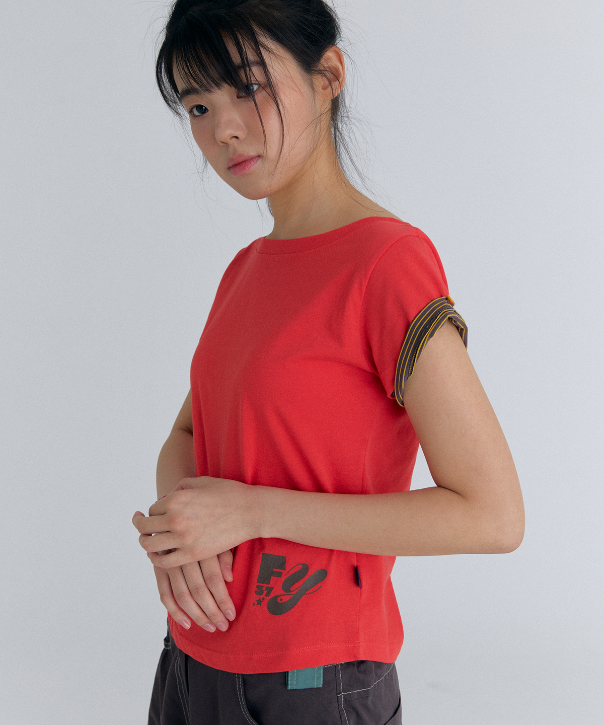 플러티(FLIRTY) stripe peek boatneck t-shirt in red