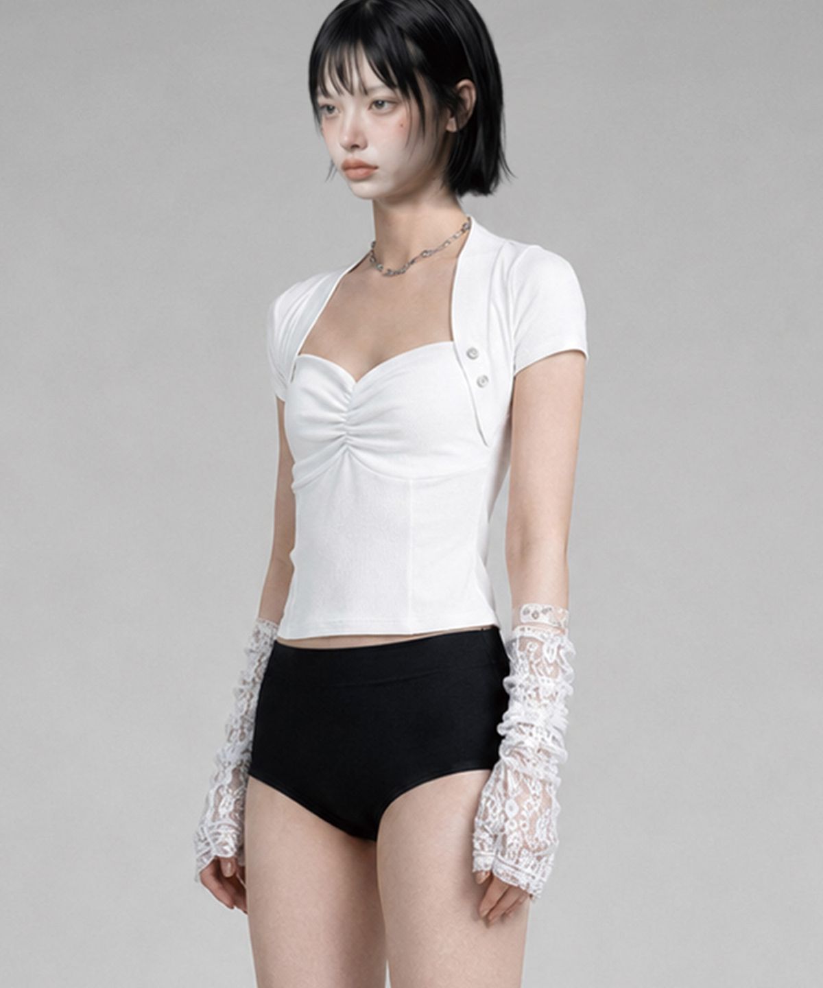 에트오소메(ETRE AU SOMMET) Shirring Eyelet Bolero Top (White)