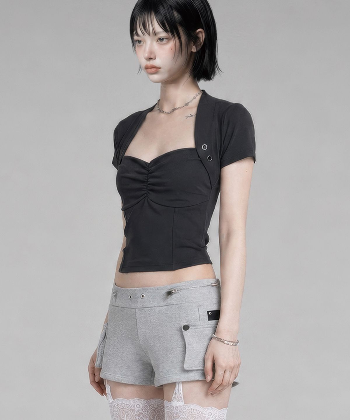 에트오소메(ETRE AU SOMMET) Shirring Eyelet Bolero top (Dark Gray)