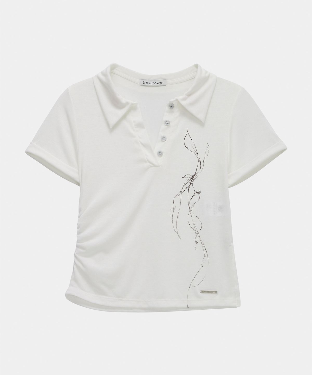 에트오소메(ETRE AU SOMMET) Rib Collar Roll Up Shirring Top (White)