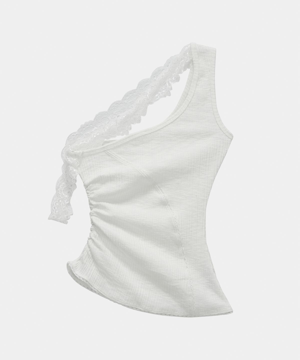 에트오소메(ETRE AU SOMMET) Lace One-Shoulder Shirring Top (White)