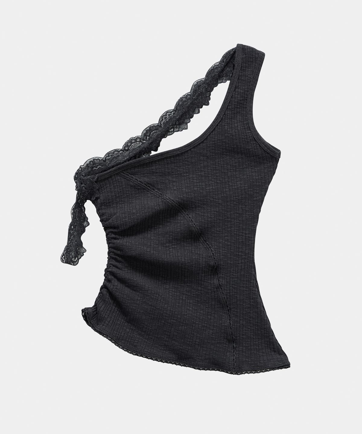 에트오소메(ETRE AU SOMMET) Lace One-Shoulder Shirring Top (Charcoal)