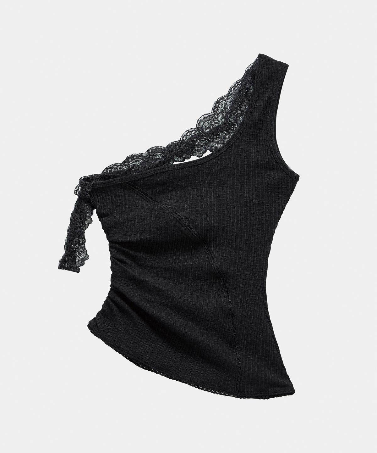 에트오소메(ETRE AU SOMMET) Lace One-Shoulder Shirring Top (Black)