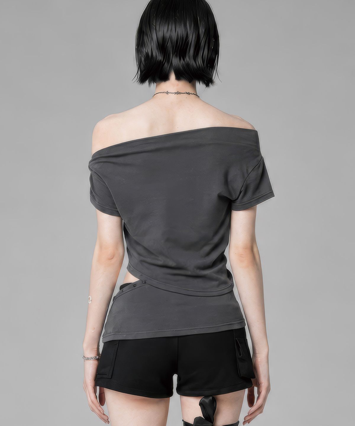 에트오소메(ETRE AU SOMMET) Cut-Out Open Short Sleeve (Dark Gray)
