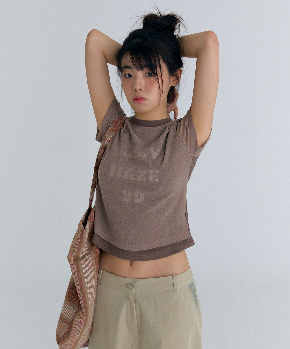플러티(FLIRTY) mesy overlay t-shirt in brown