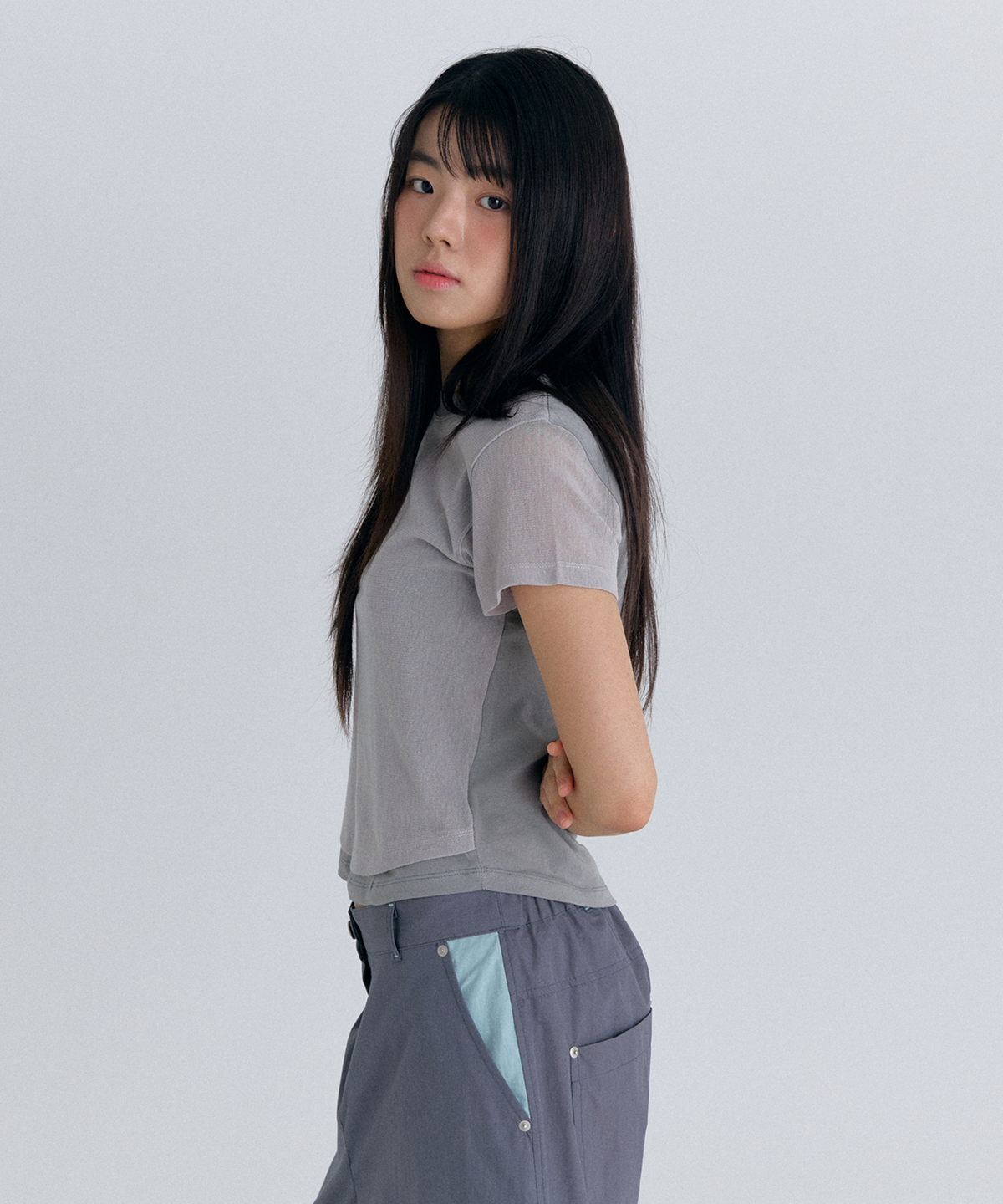 플러티(FLIRTY) mesy overlay t-shirt in grey