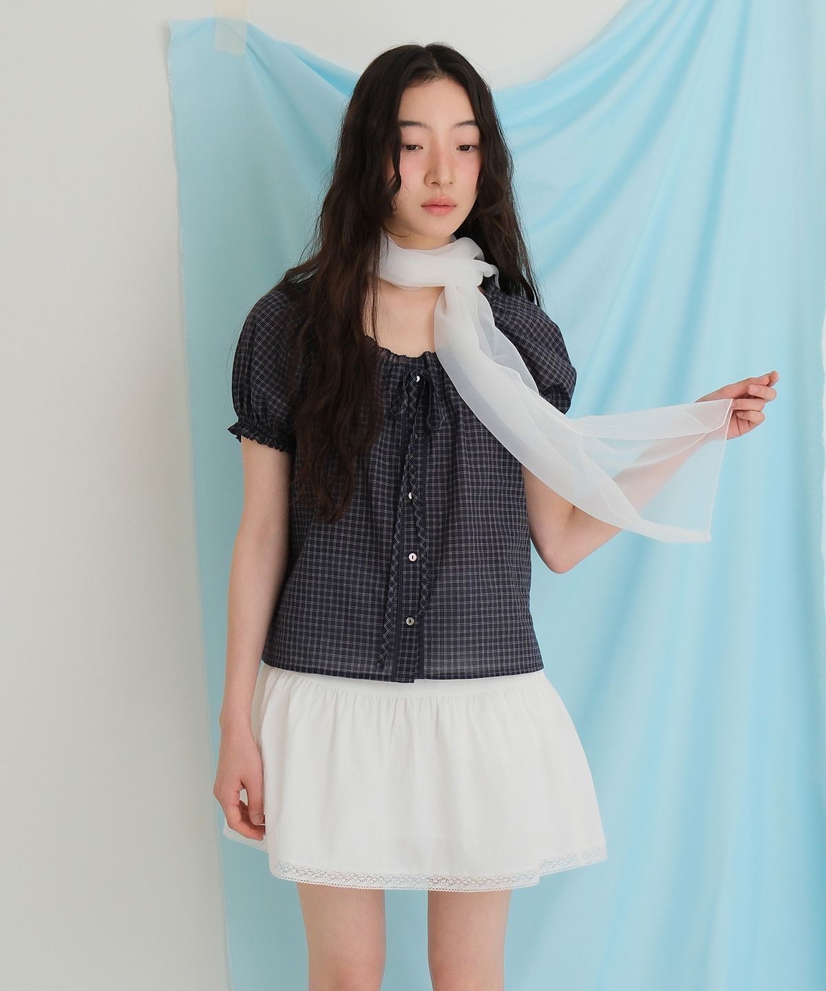 모의(MOUI) Claire capsleeve blouse (CHECK)