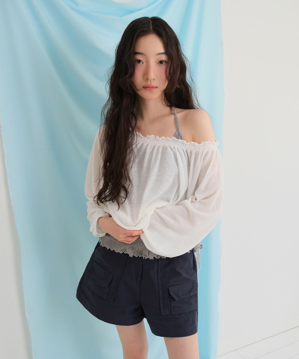 모의(MOUI) Frill ribbed sleeveless Tee (MELANGE)