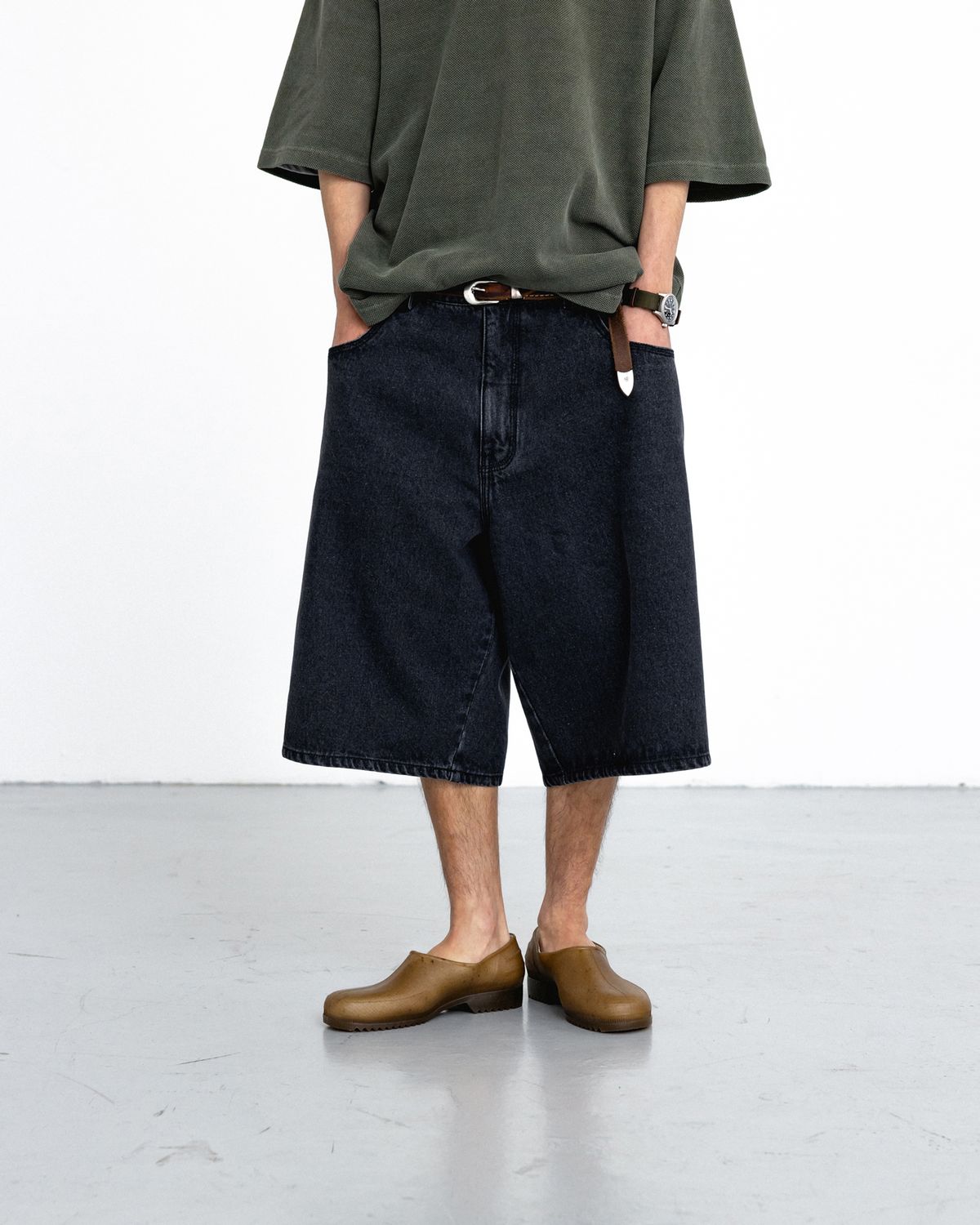 앵글런(ANGLAN) Denim Baggy Half Pants - Washed Black