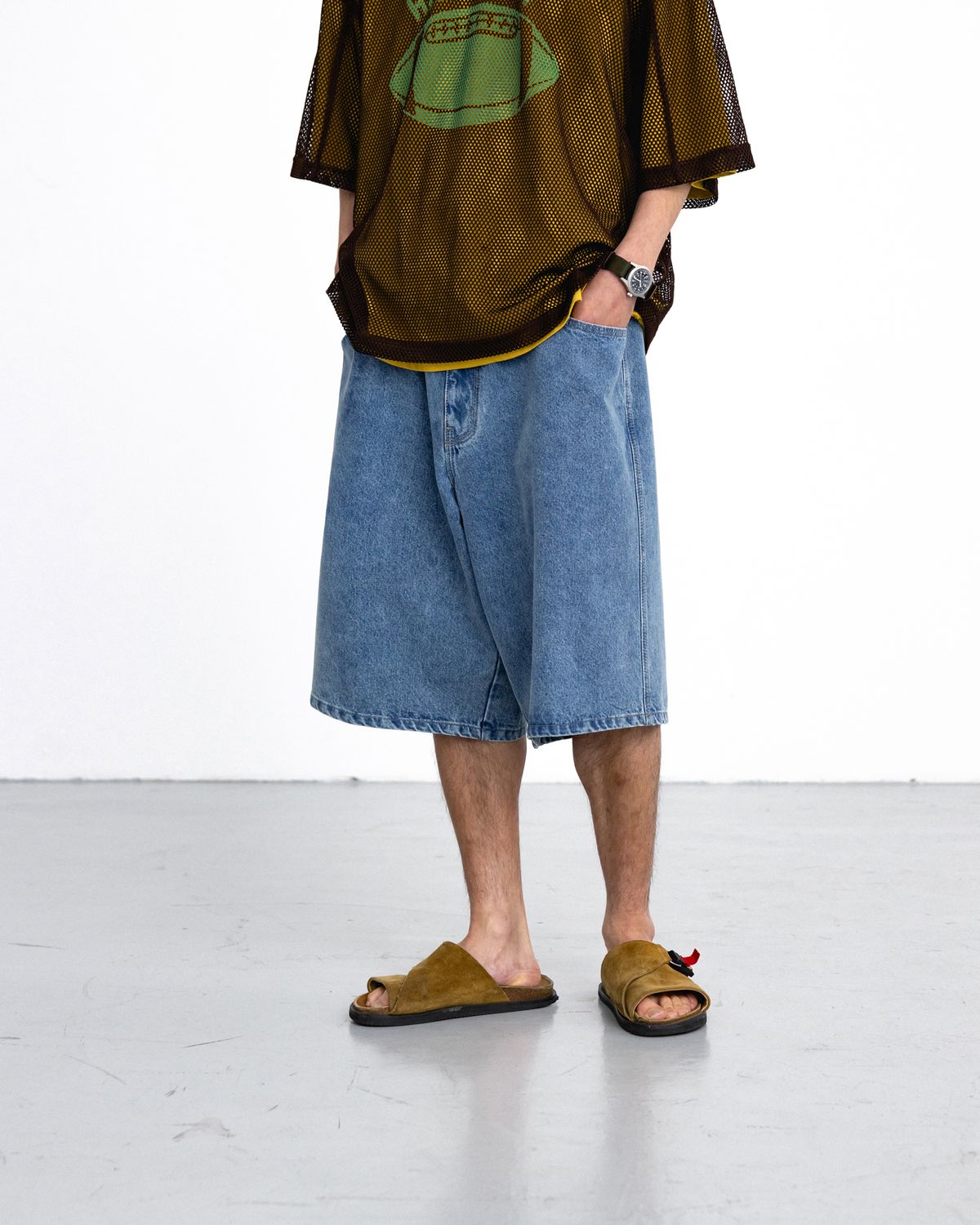 앵글런(ANGLAN) Denim Baggy Half Pants - Washed Blue
