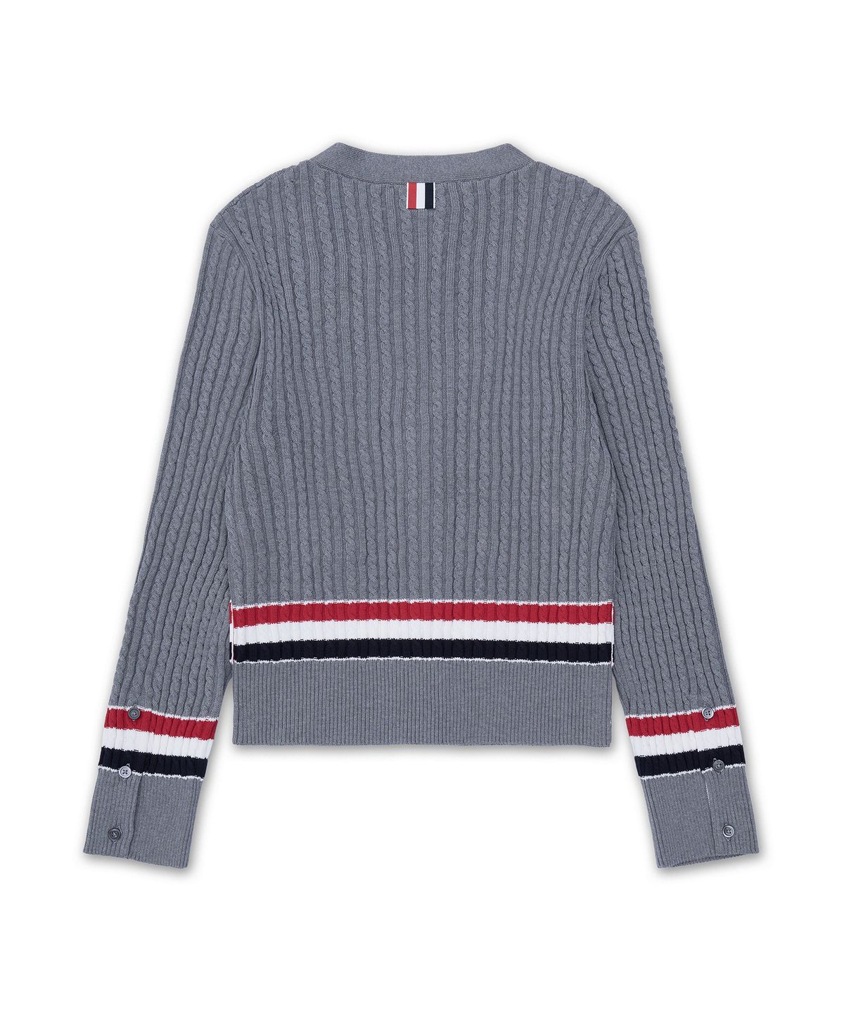 톰 브라운(THOM BROWNE) RWB 스트라이프 코튼 베이비 케이블 브이넥 크리켓 가디건 - 라이트 그레이 / MKC640AY3014055