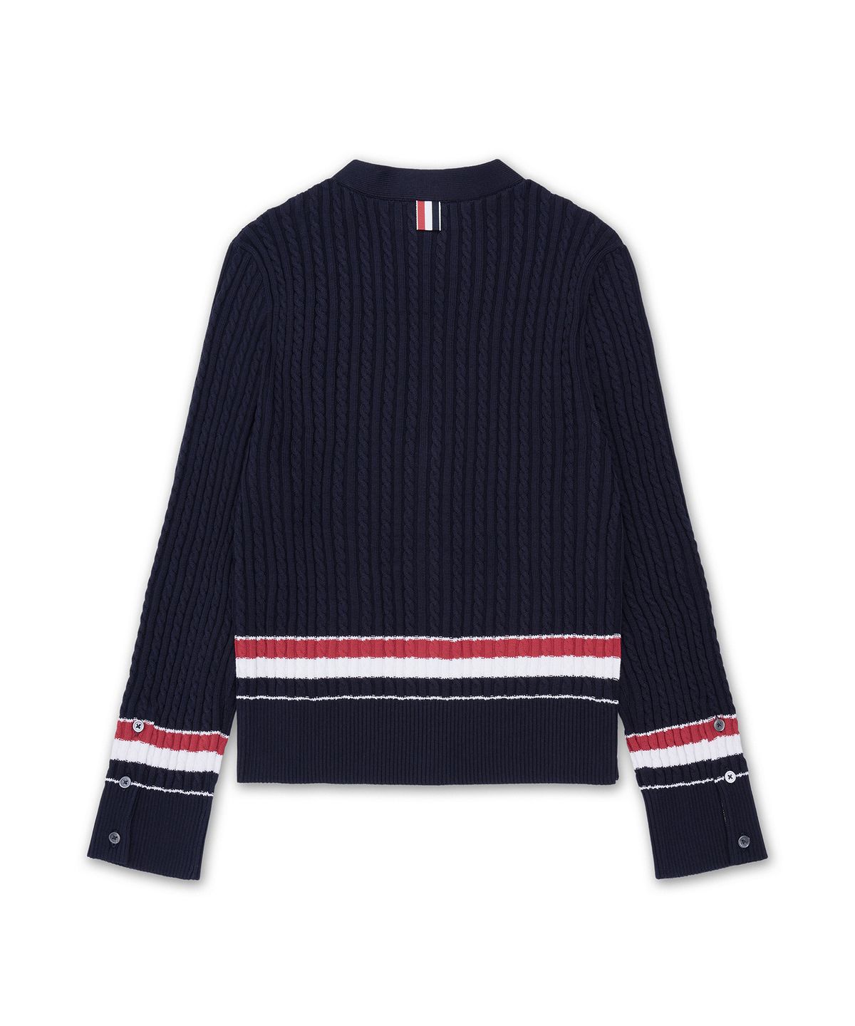 톰 브라운(THOM BROWNE) RWB 스트라이프 코튼 베이비 케이블 브이넥 크리켓 가디건 - 네이비 / MKC640AY3014415