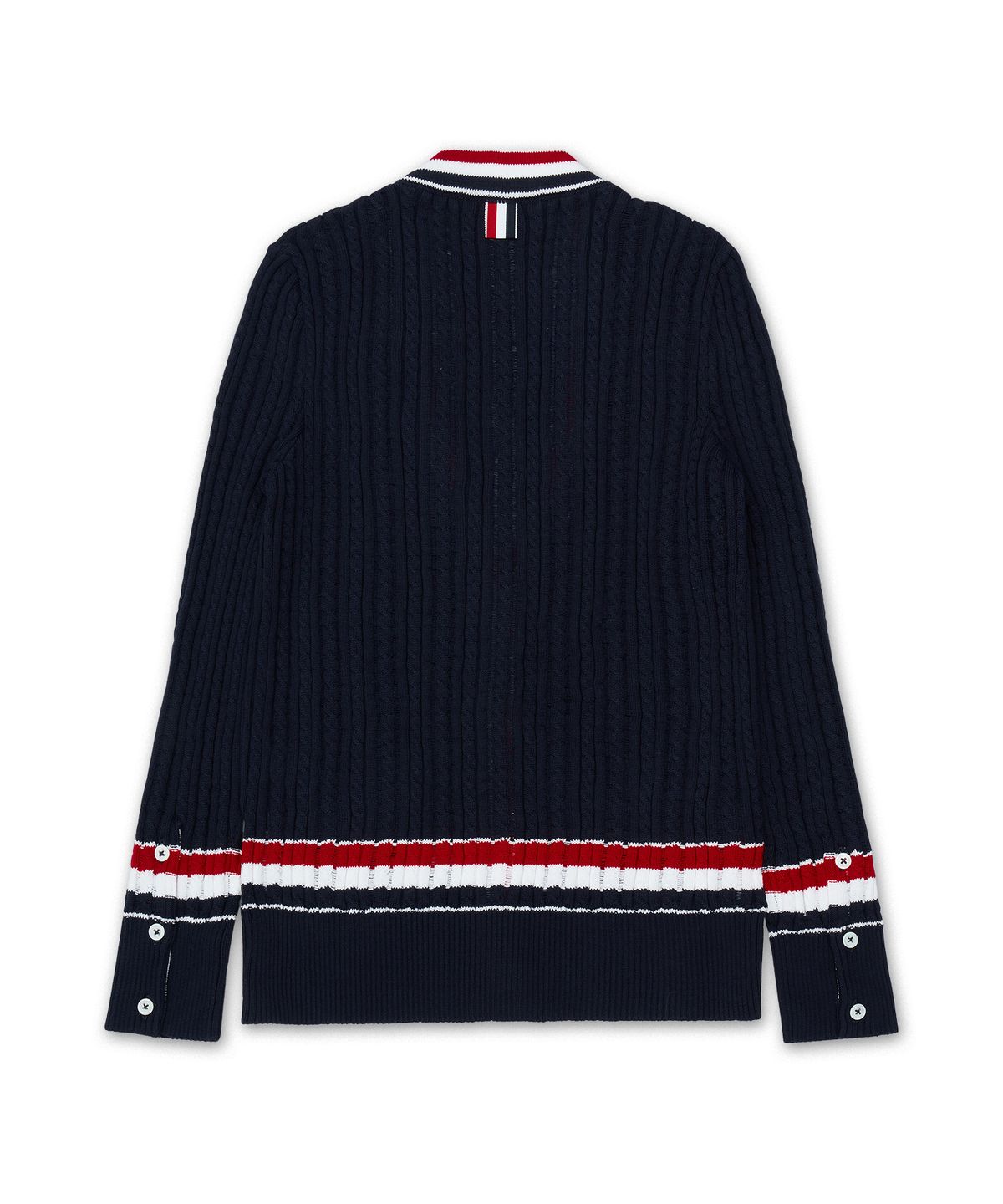 톰 브라운(THOM BROWNE) RWB 스트라이프 코튼 베이비 래더 케이블 브이넥 일롱게이티드 가디건 - 네이비 / FKC706AY3014415