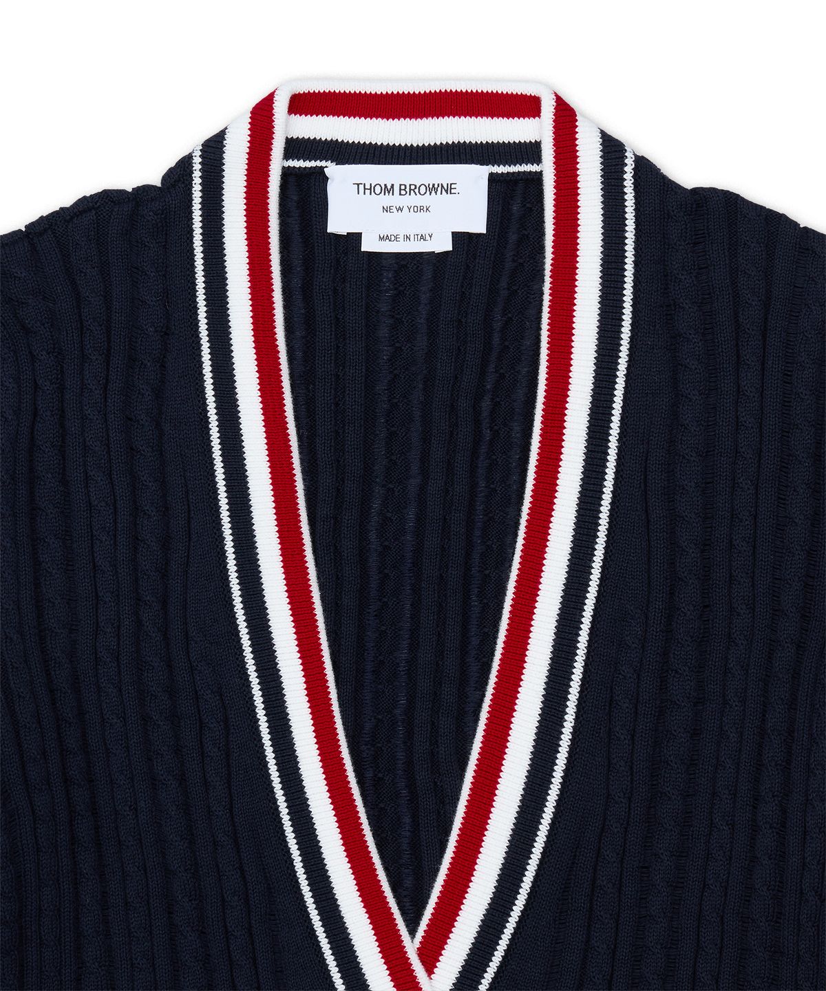 톰 브라운(THOM BROWNE) RWB 스트라이프 코튼 베이비 래더 케이블 브이넥 일롱게이티드 가디건 - 네이비 / FKC706AY3014415