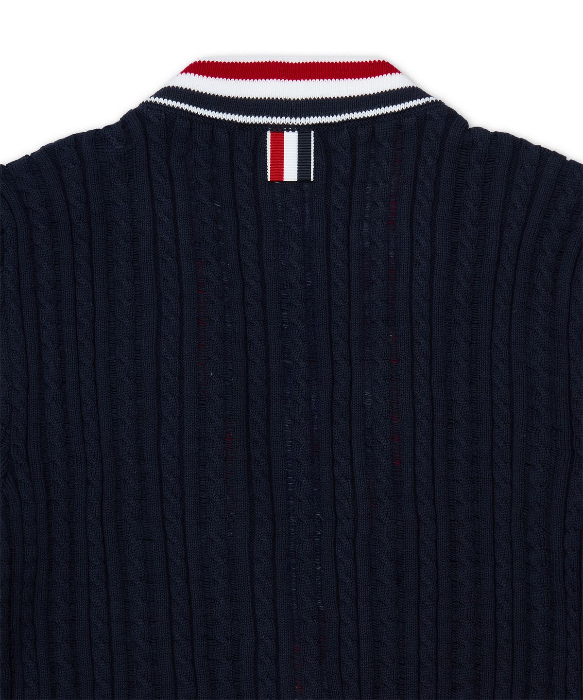 톰 브라운(THOM BROWNE) RWB 스트라이프 코튼 베이비 래더 케이블 브이넥 일롱게이티드 가디건 - 네이비 / FKC706AY3014415