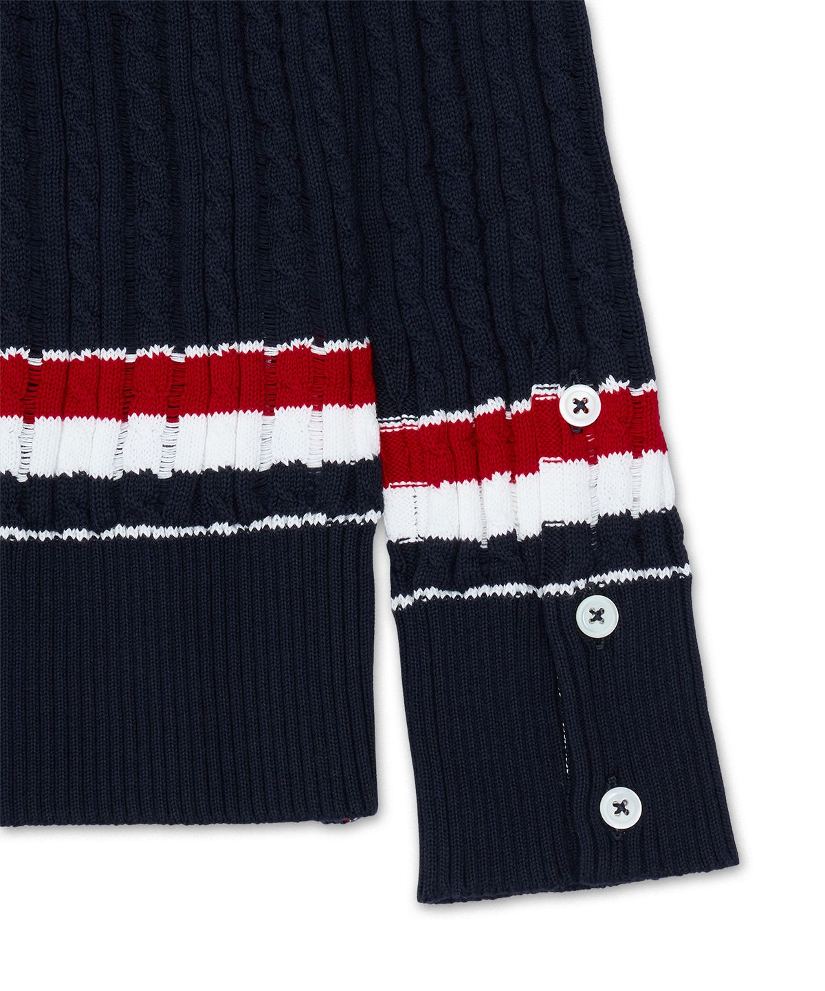 톰 브라운(THOM BROWNE) RWB 스트라이프 코튼 베이비 래더 케이블 브이넥 일롱게이티드 가디건 - 네이비 / FKC706AY3014415