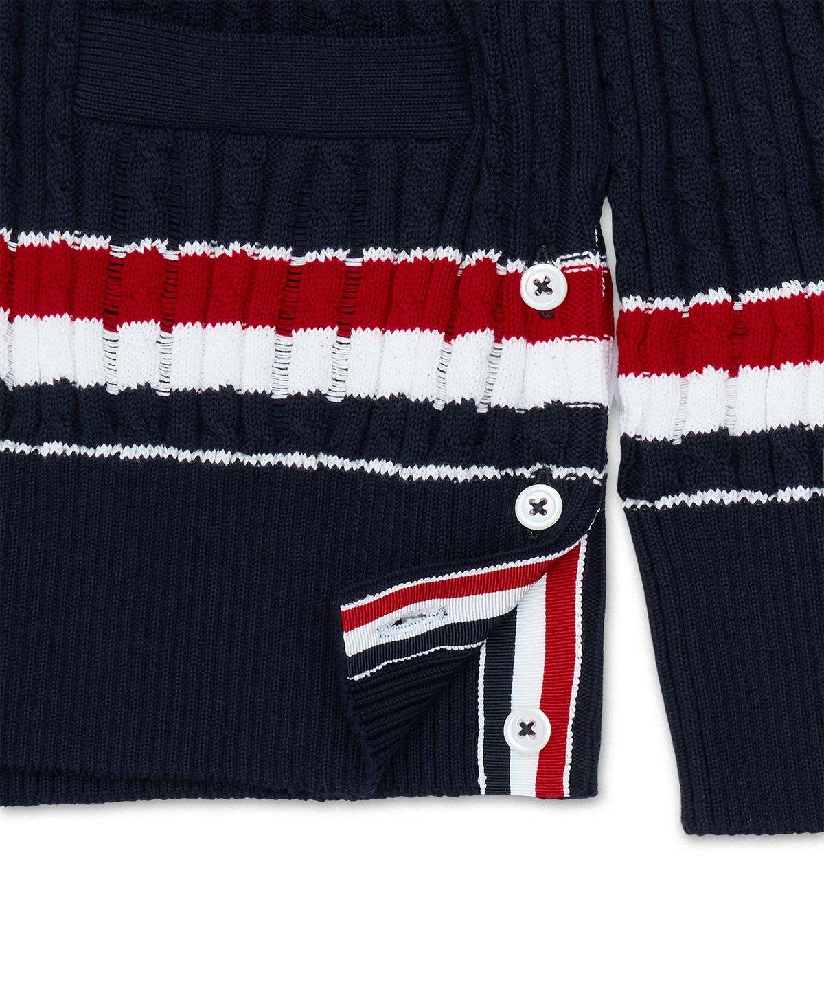 톰 브라운(THOM BROWNE) RWB 스트라이프 코튼 베이비 래더 케이블 브이넥 일롱게이티드 가디건 - 네이비 / FKC706AY3014415