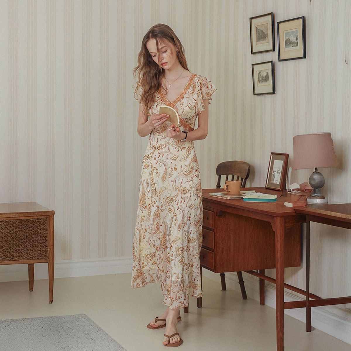 던드롭(DUNDROP) DD_Flutter sleeve paisley dress_ORANGE