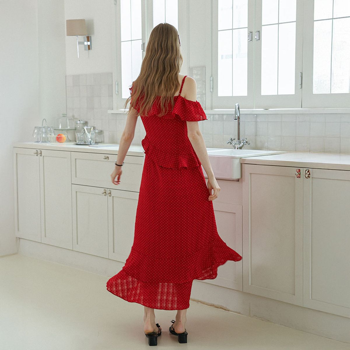 던드롭(DUNDROP) DD_One shoulder dot ruffle dress_RED