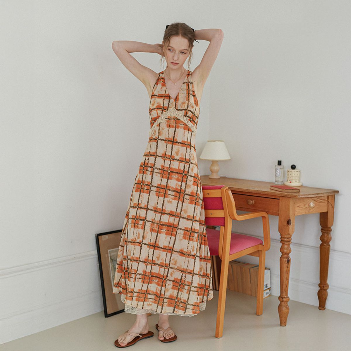 던드롭(DUNDROP) DD_Sunset plaid dress_ORANGE