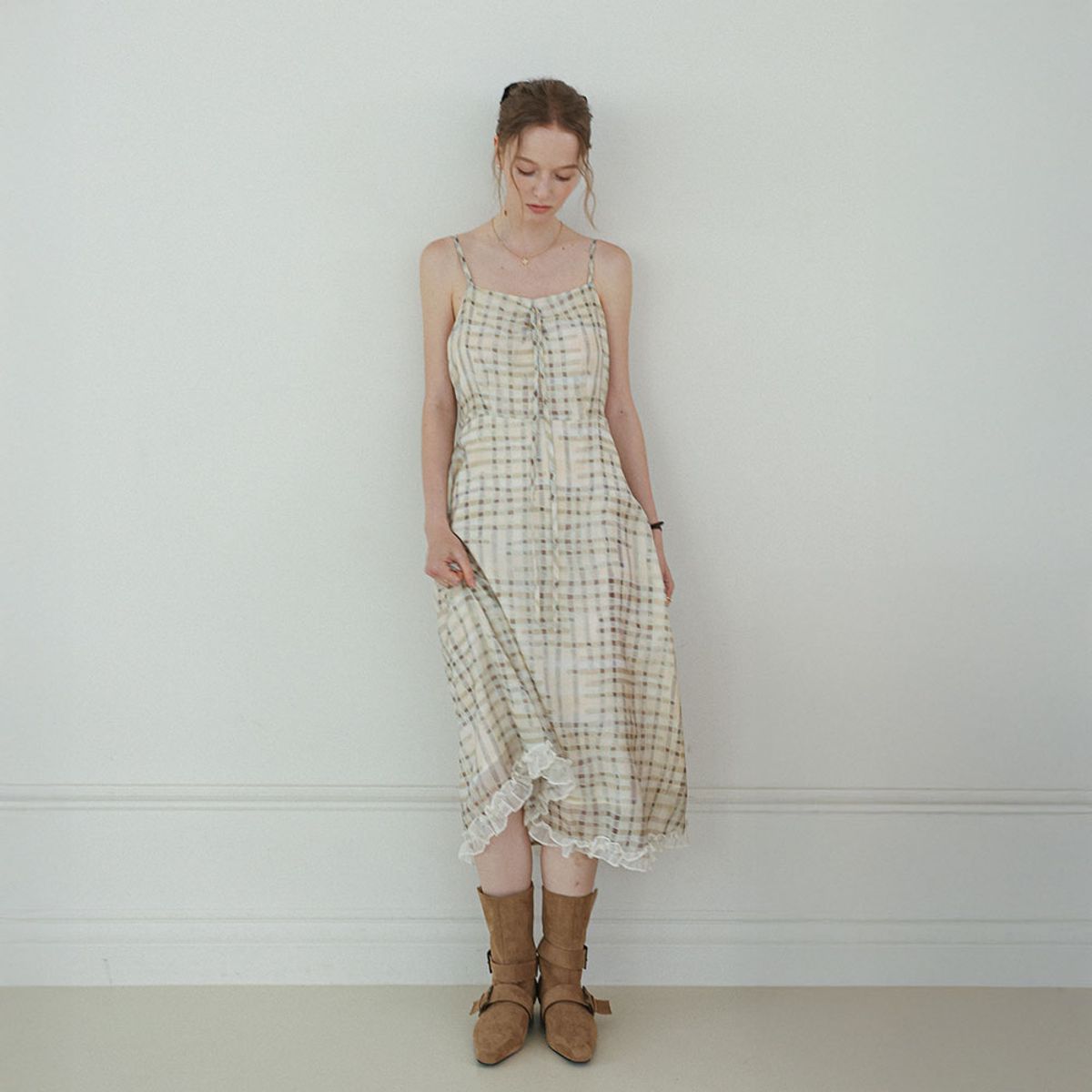 던드롭(DUNDROP) DD_Lace hem check cami dress_IVORY