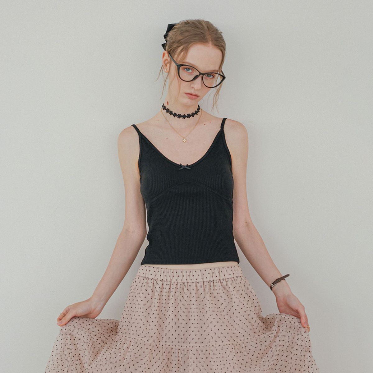 던드롭(DUNDROP) DD_Ribbon point tank top_BLACK