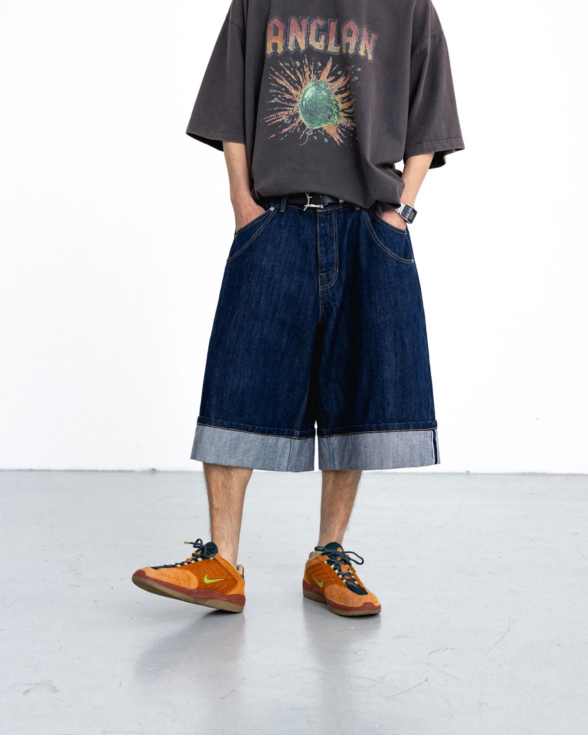 앵글런(ANGLAN) Turn-up Selvedge Denim Half Pants - Indigo