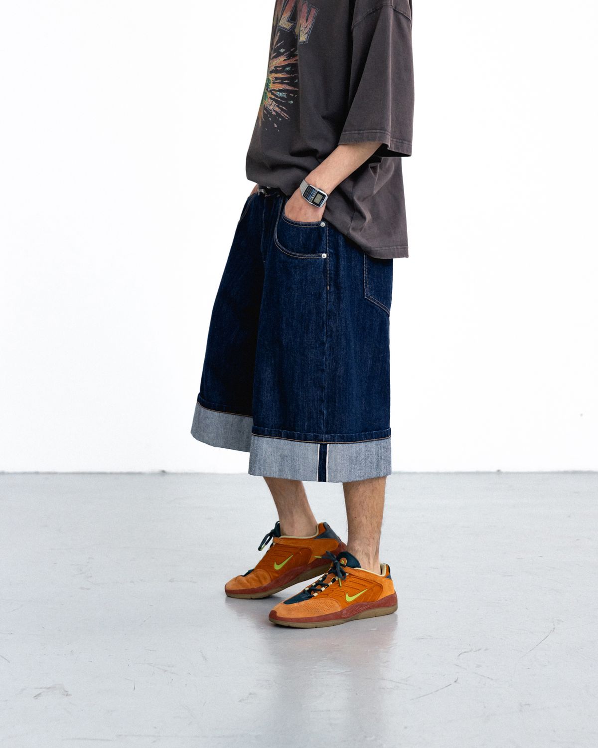 앵글런(ANGLAN) Turn-up Selvedge Denim Half Pants - Indigo
