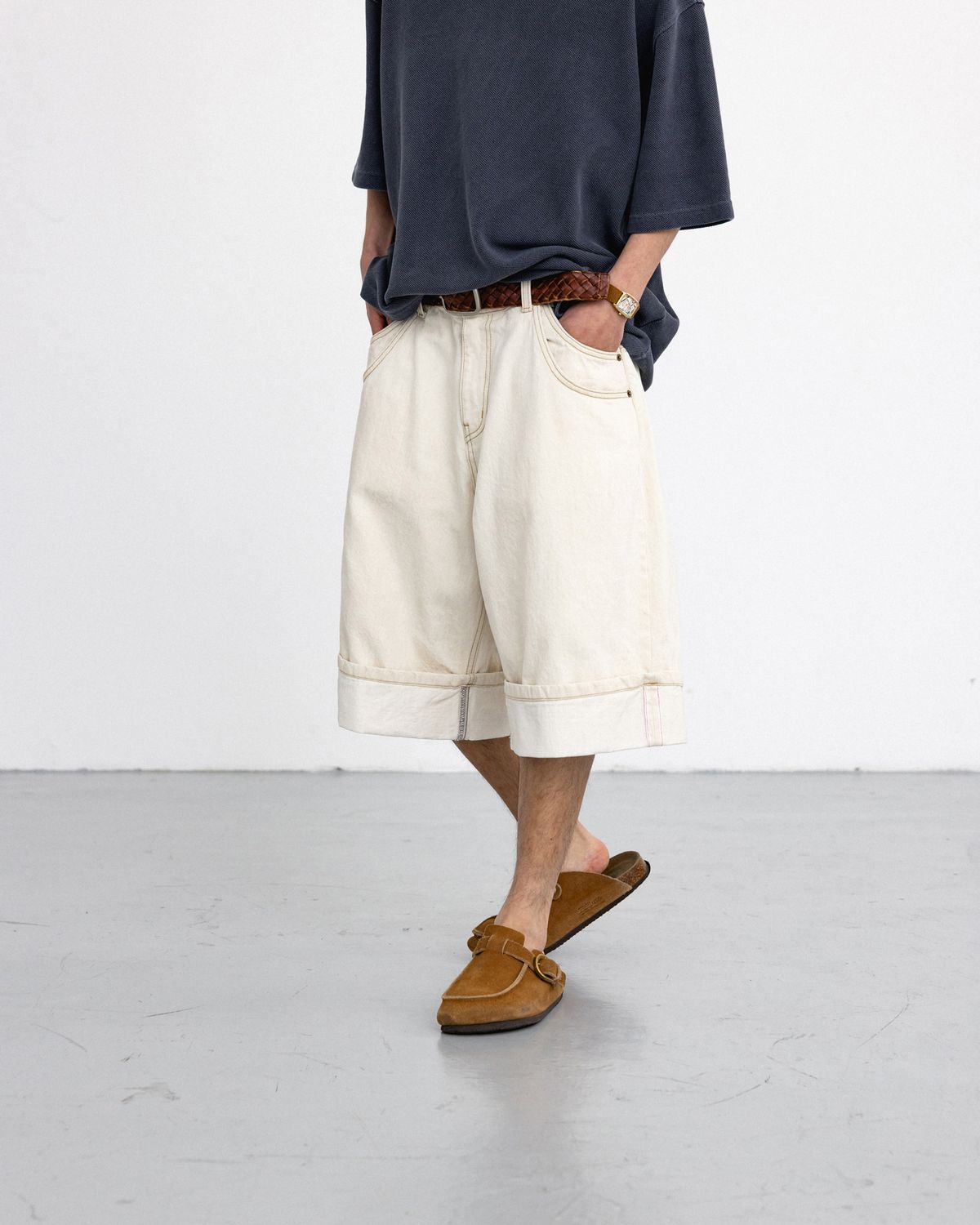 앵글런(ANGLAN) Turn-up Selvedge Denim Half Pants - Ivory