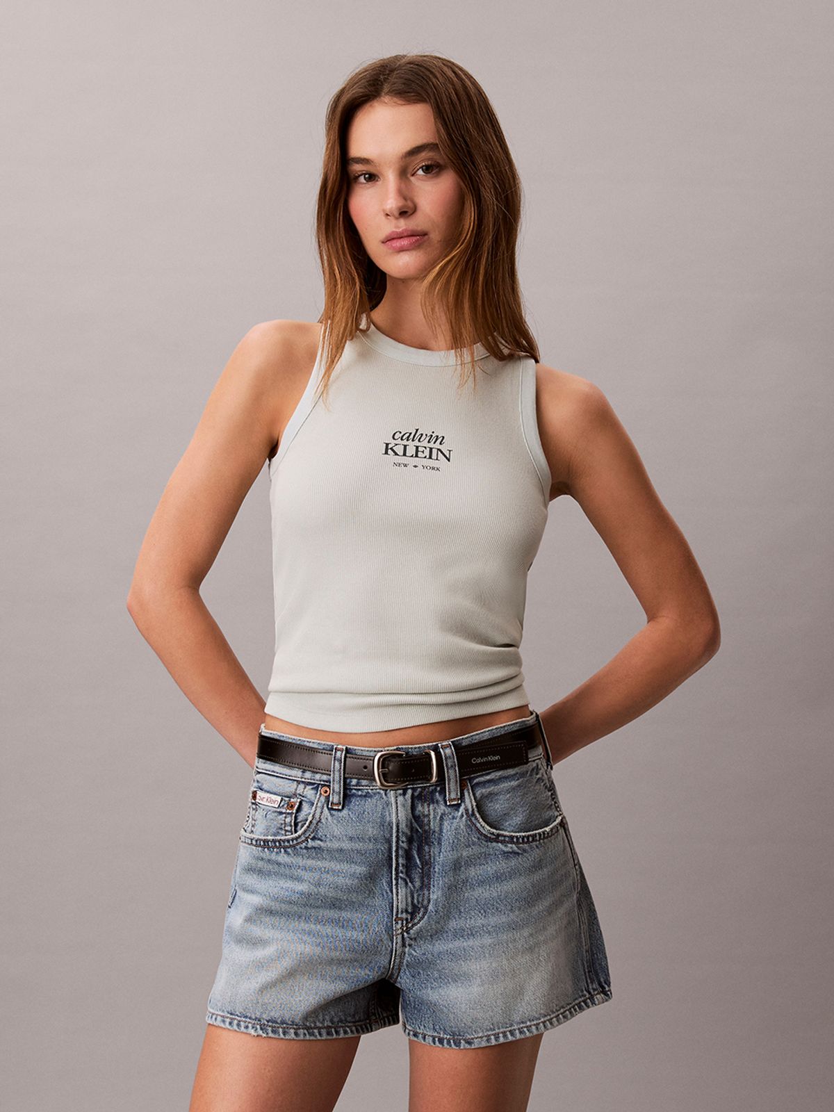 캘빈클라인 진(CALVIN KLEIN JEANS) 여성 베이비립 로고 크루 탱크 47F239G 3Q0