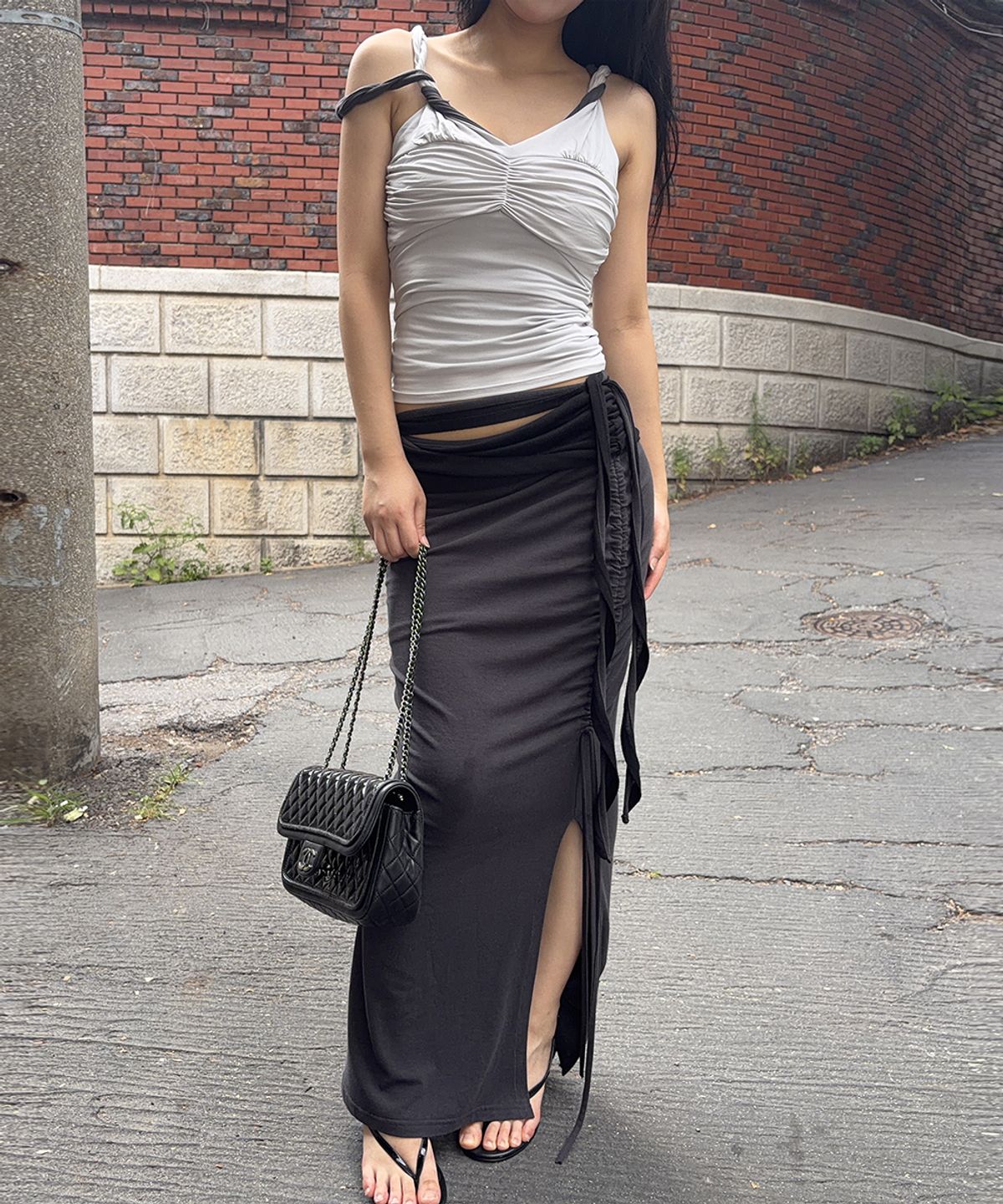 플리즈노팔로우(PLEASENOFOLLOW) Shell Shirring Sleeveless Top (Light Grey)
