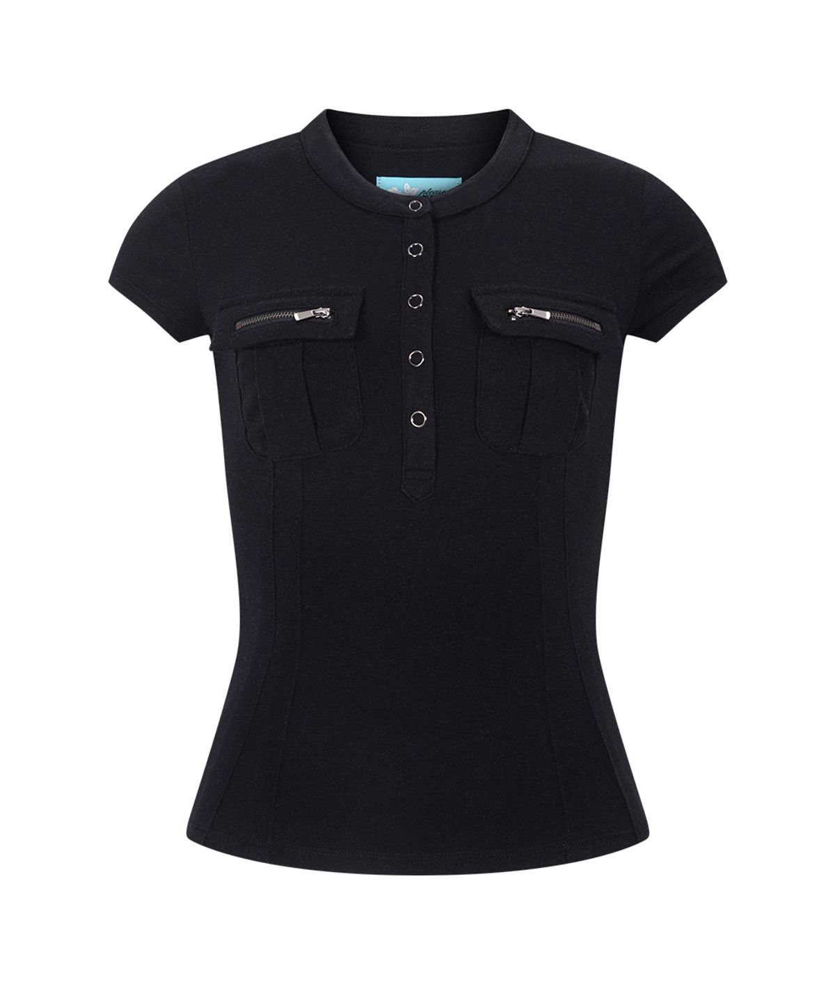 플리즈노팔로우(PLEASENOFOLLOW) Pansy Pocket Button Short Sleeve Top (Black)