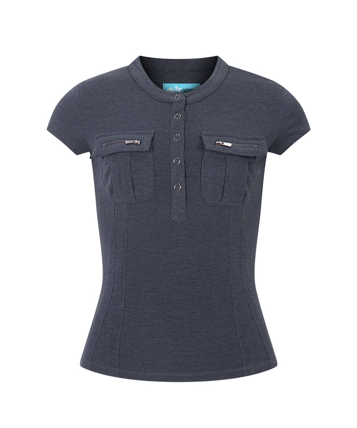 플리즈노팔로우(PLEASENOFOLLOW) Pansy Pocket Button Short Sleeve Top (Vintage Charcoal)