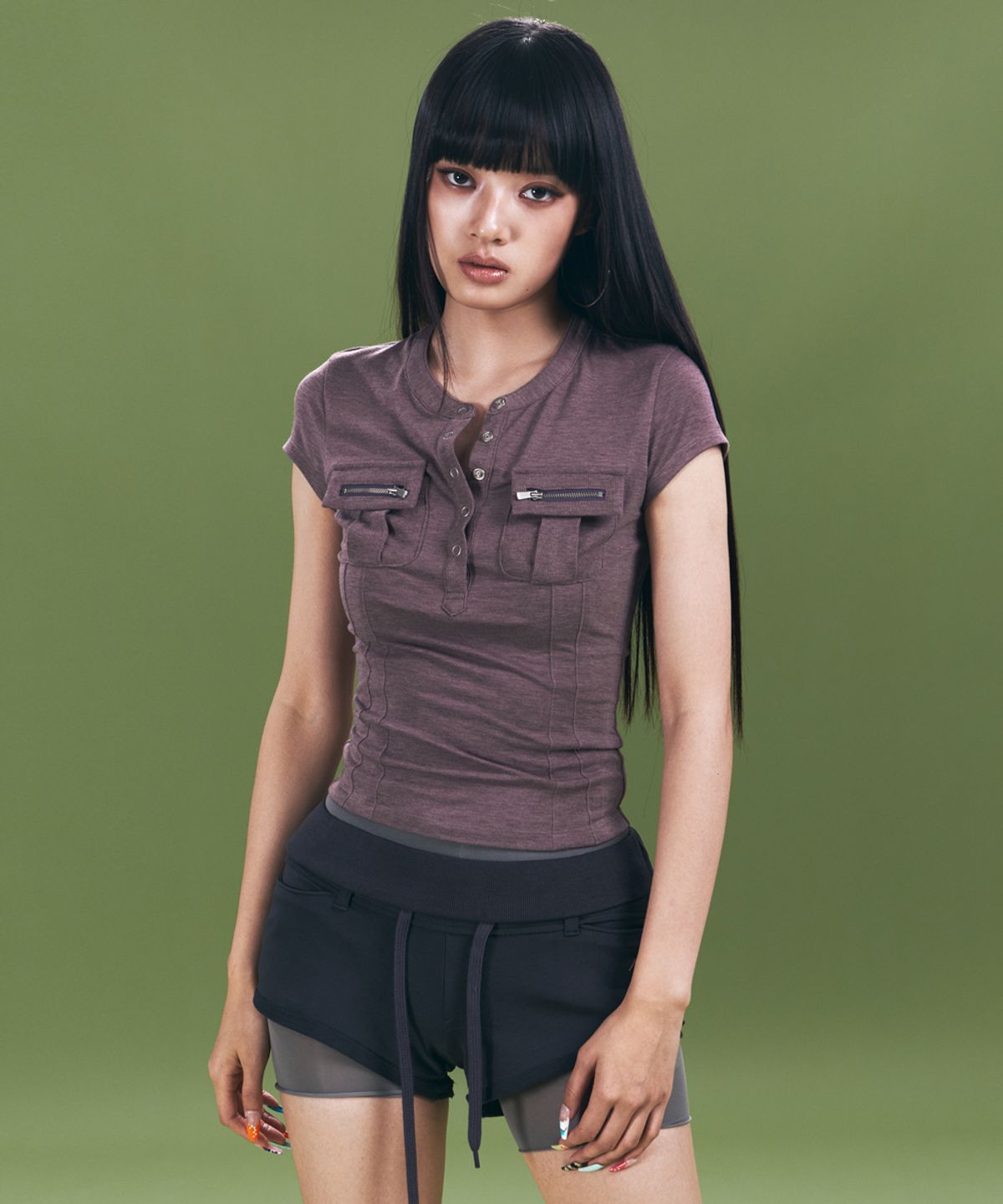 플리즈노팔로우(PLEASENOFOLLOW) Pansy Pocket Button Short Sleeve Top (Vintage Purple)