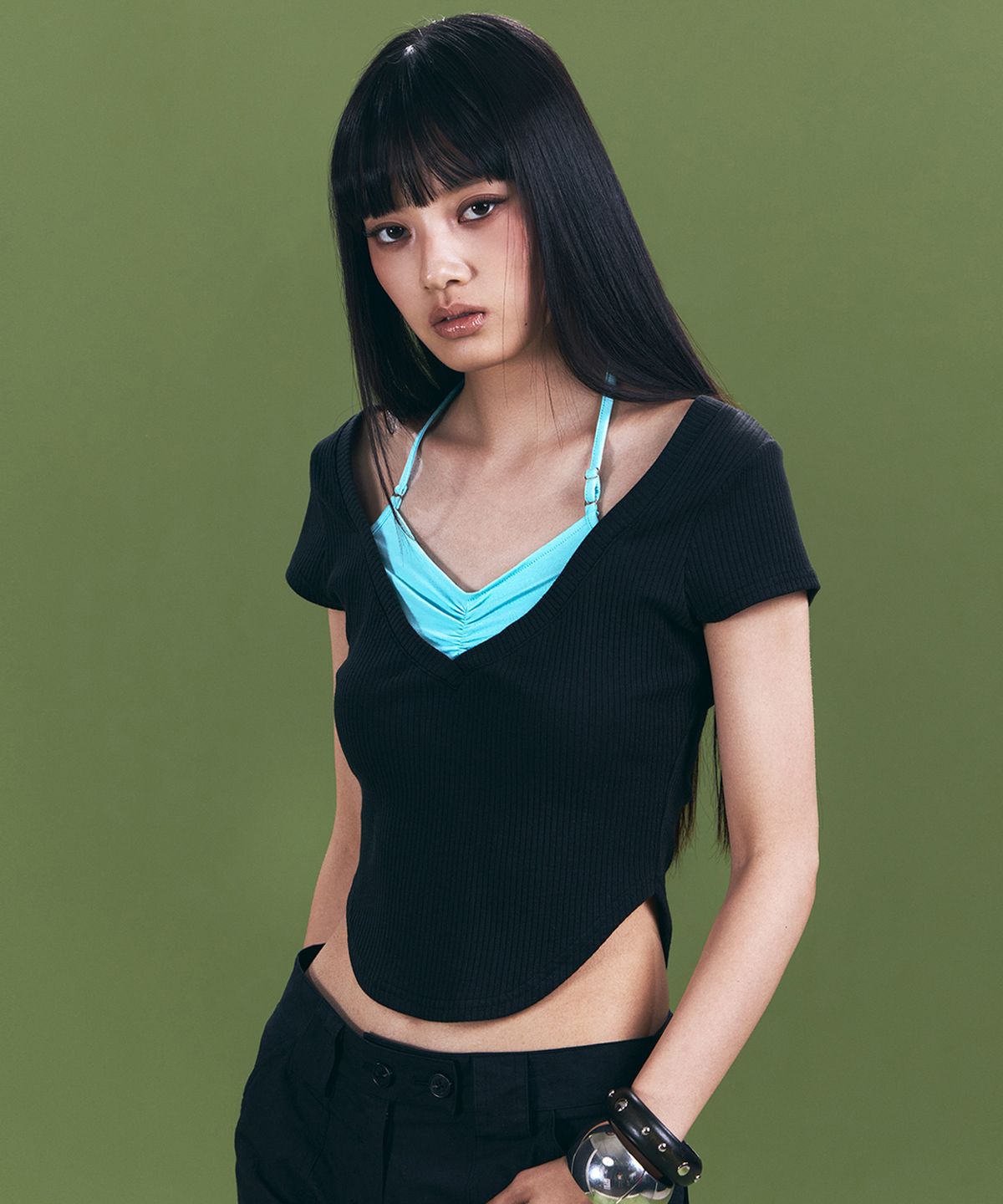 플리즈노팔로우(PLEASENOFOLLOW) Zeline Layered Short Sleeve Top (Black)