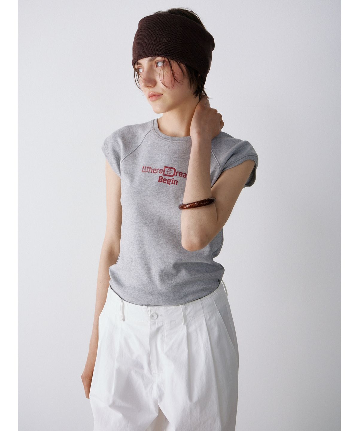 닌닛(NINNIT) [2nd] Cap sleeve lettering t-shirt (MELANGE GREY)