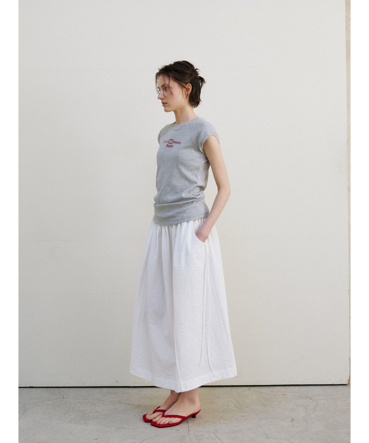 닌닛(NINNIT) [2nd] Cap sleeve lettering t-shirt (MELANGE GREY)