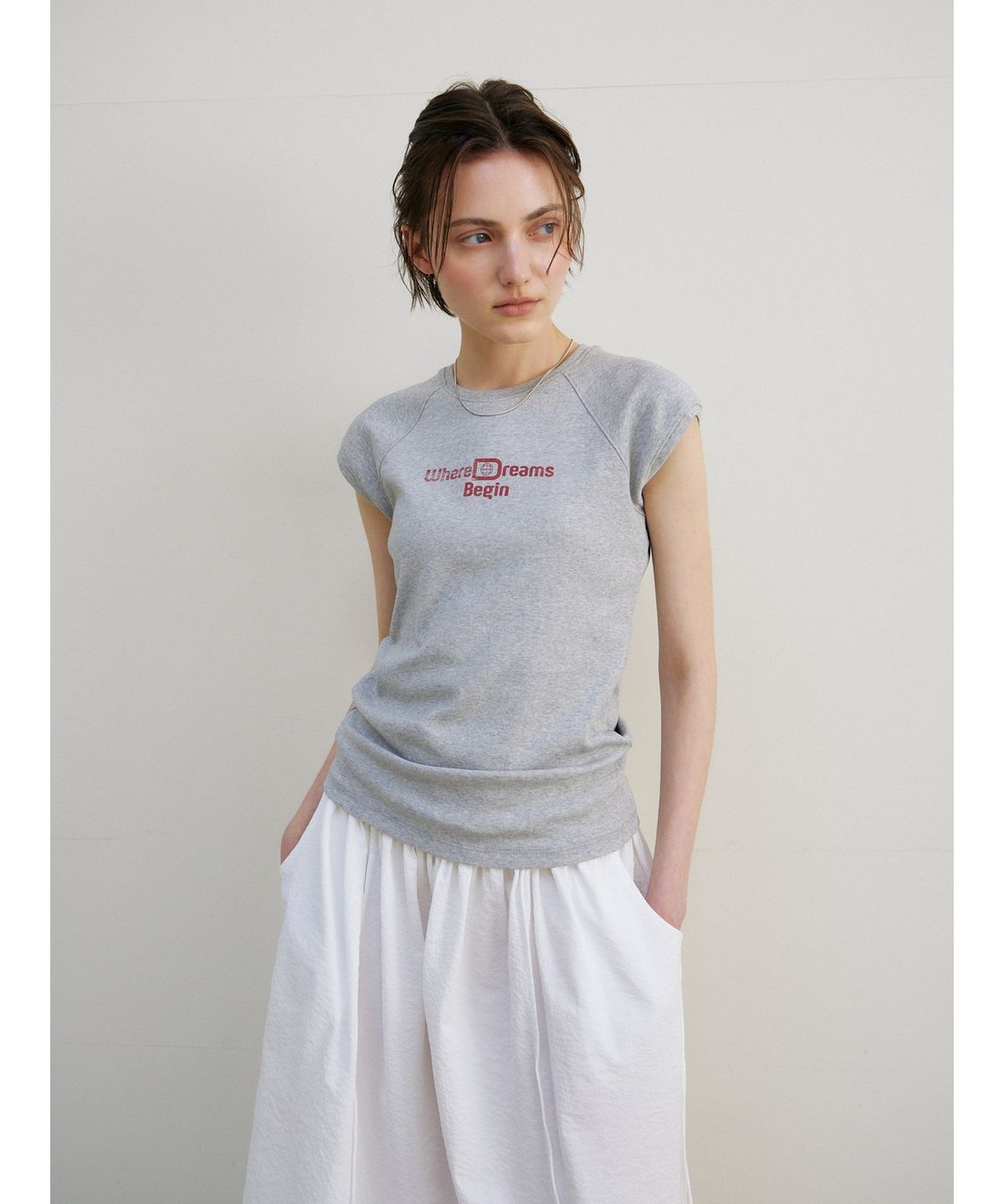 닌닛(NINNIT) [2nd] Cap sleeve lettering t-shirt (MELANGE GREY)