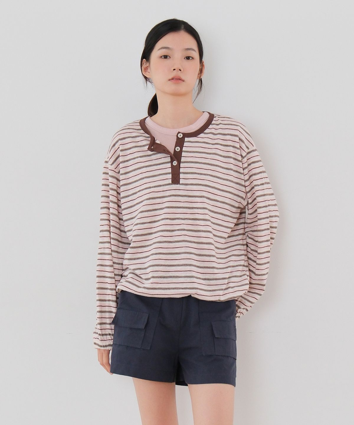 모의(MOUI) Stripe henley sweat shirt (PINK BROWN)