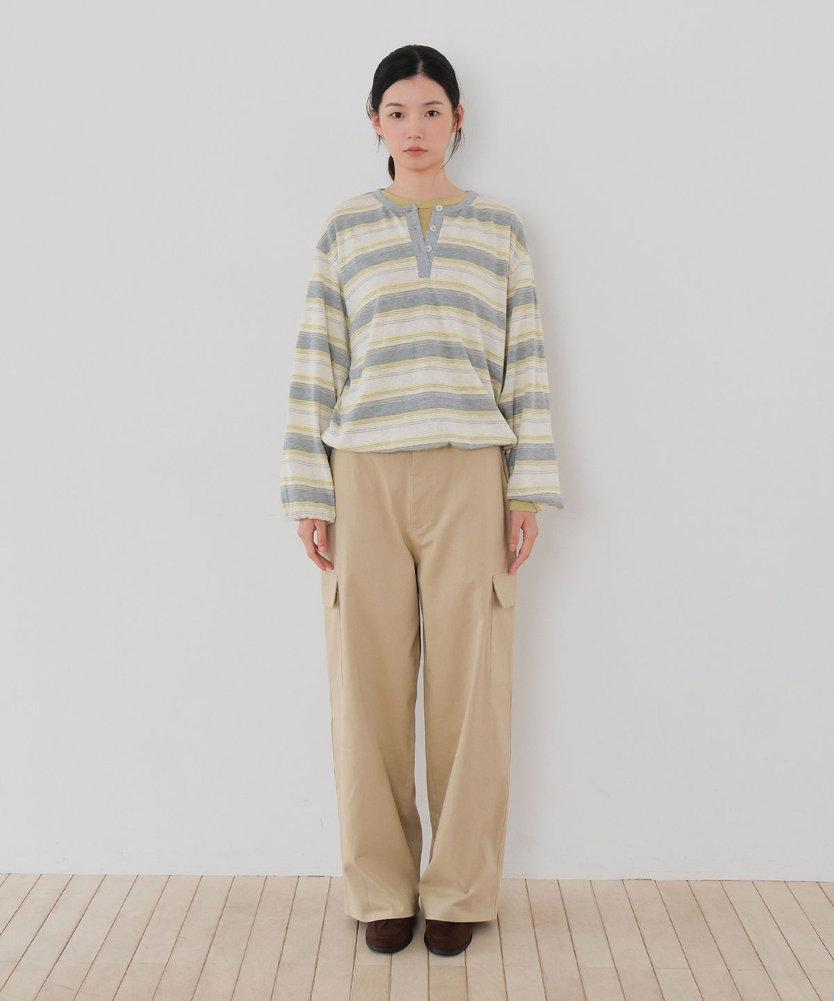 모의(MOUI) Stripe henley sweat shirt (YELLOW GREY)