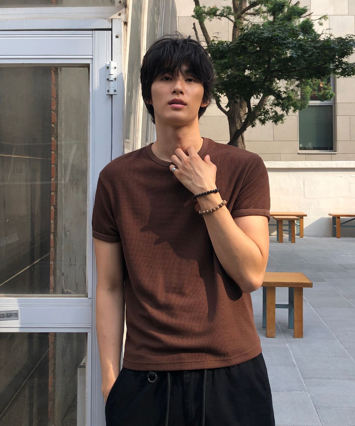 데이(THEY) 세미 크롭 라운드 와플 반팔 티셔츠_4 COLOR