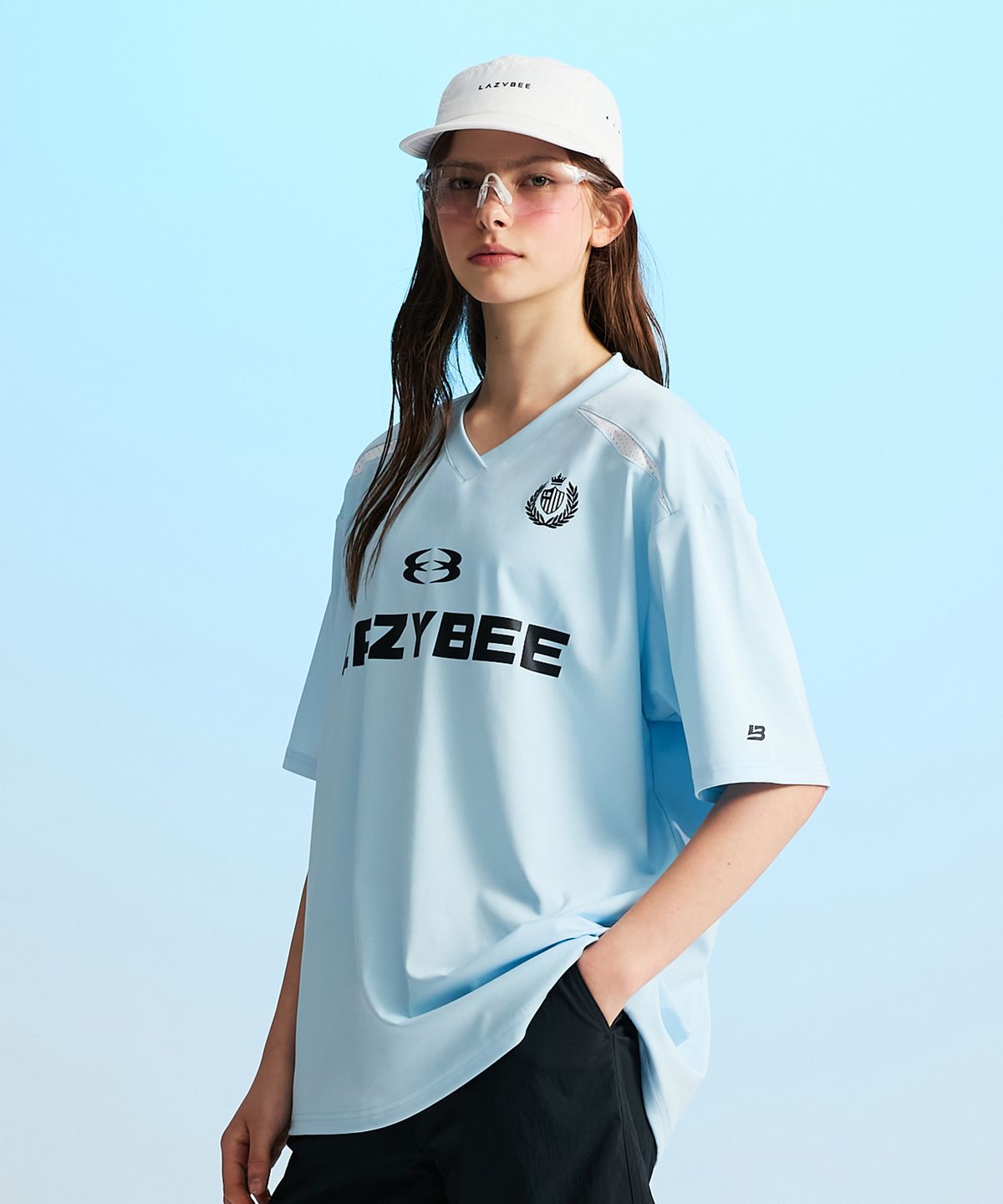 레이지비(LAZYBEE) 하이드로 메쉬 퍼포먼스 오버핏 W 래쉬가드 반팔 져지 스카이블루