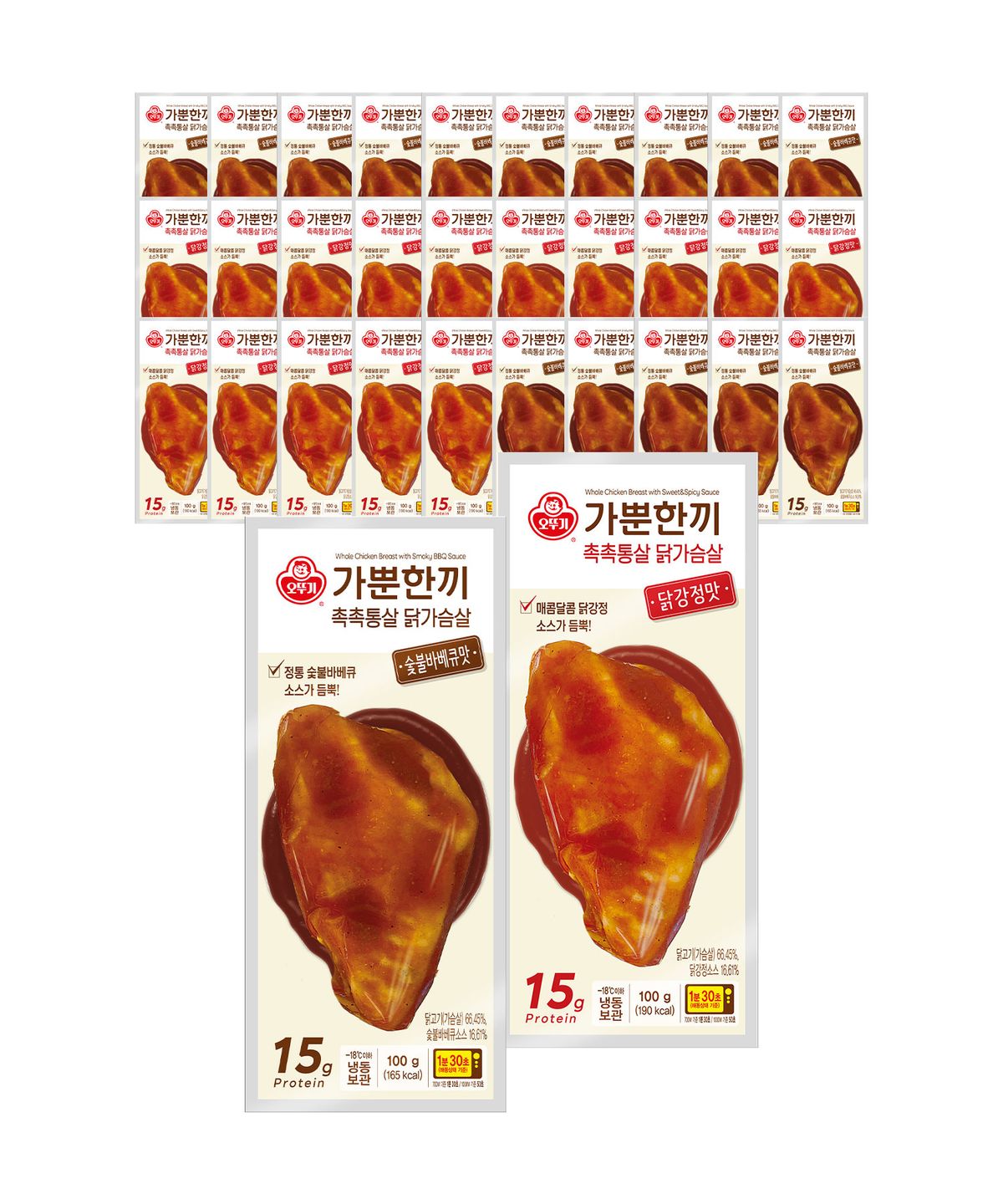 오뚜기(OTOKI) 가뿐한끼 촉촉통살 닭가슴살 2종 세트 (숯불 바베큐맛 15 + 닭강정맛 15)