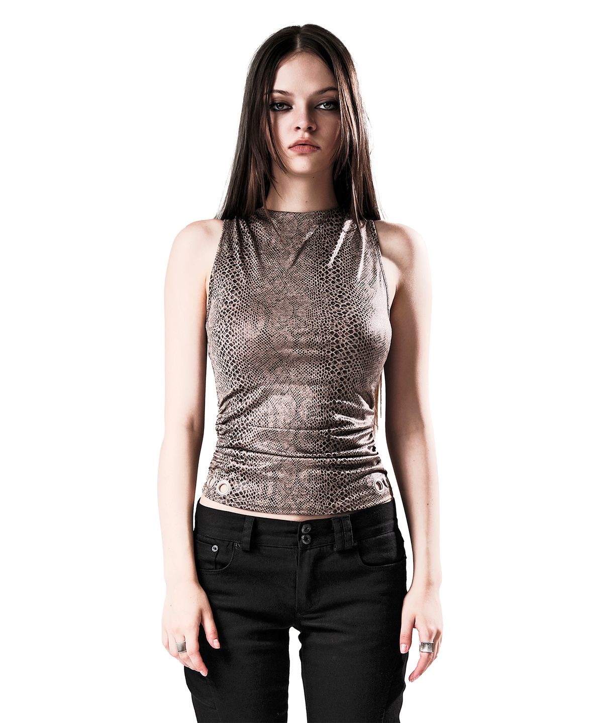이양(EYANG) PYTHON SHIRRING SLEEVELESS TOP BEIGE