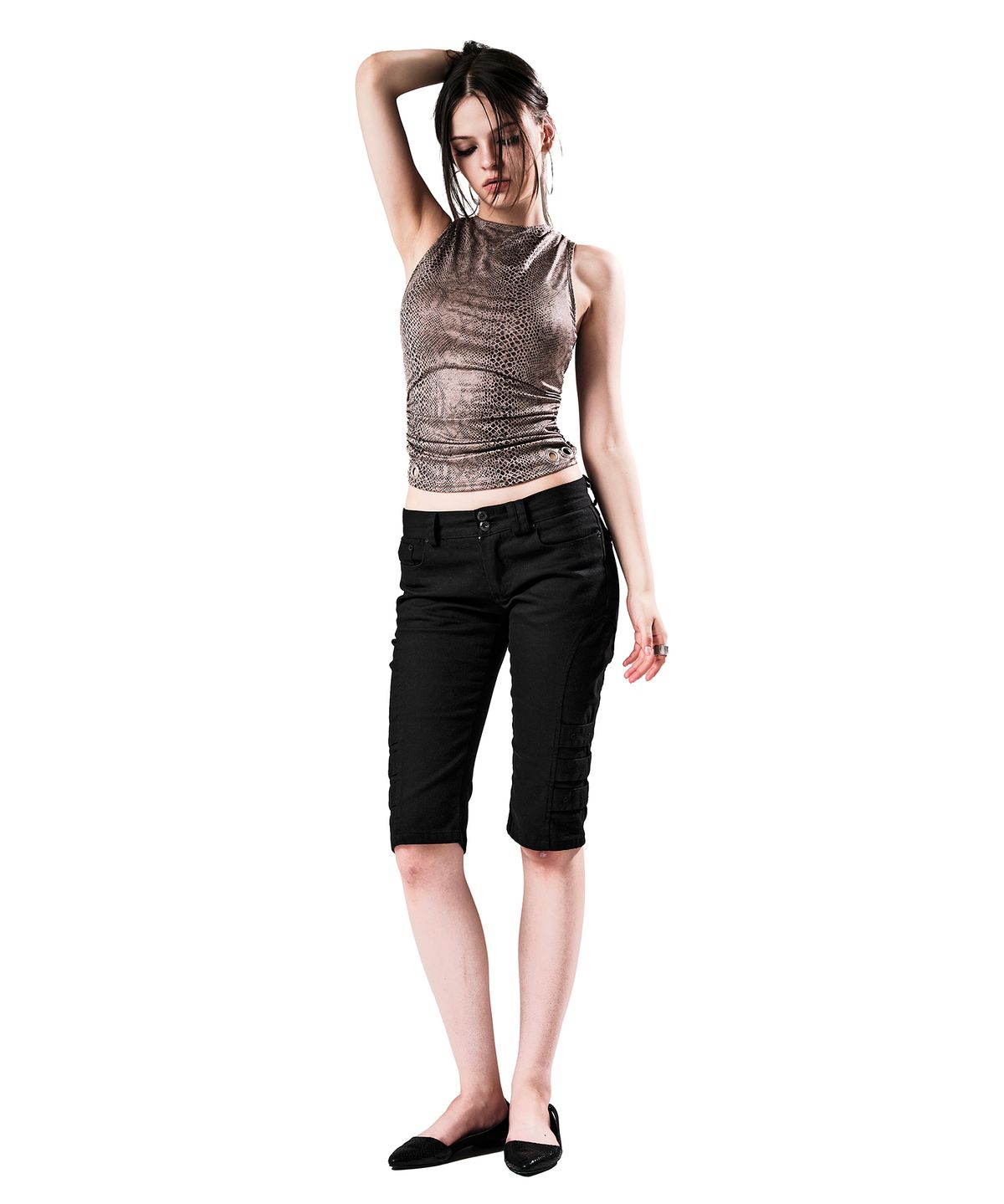 이양(EYANG) PYTHON SHIRRING SLEEVELESS TOP BEIGE