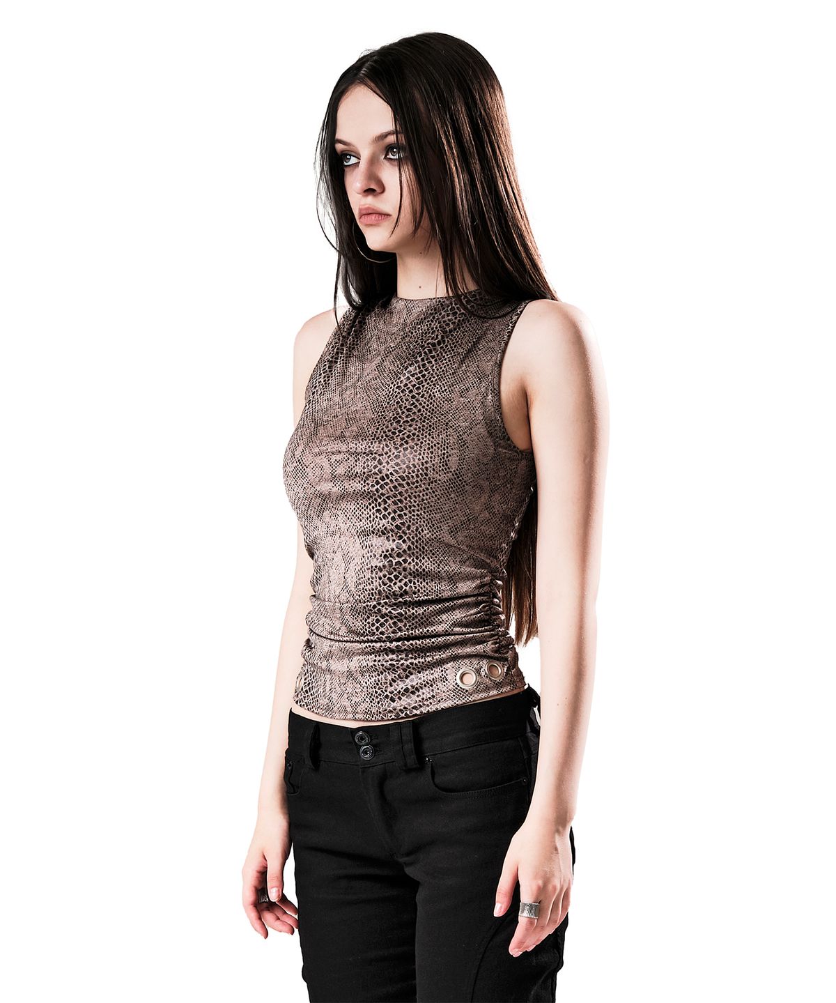 이양(EYANG) PYTHON SHIRRING SLEEVELESS TOP BEIGE
