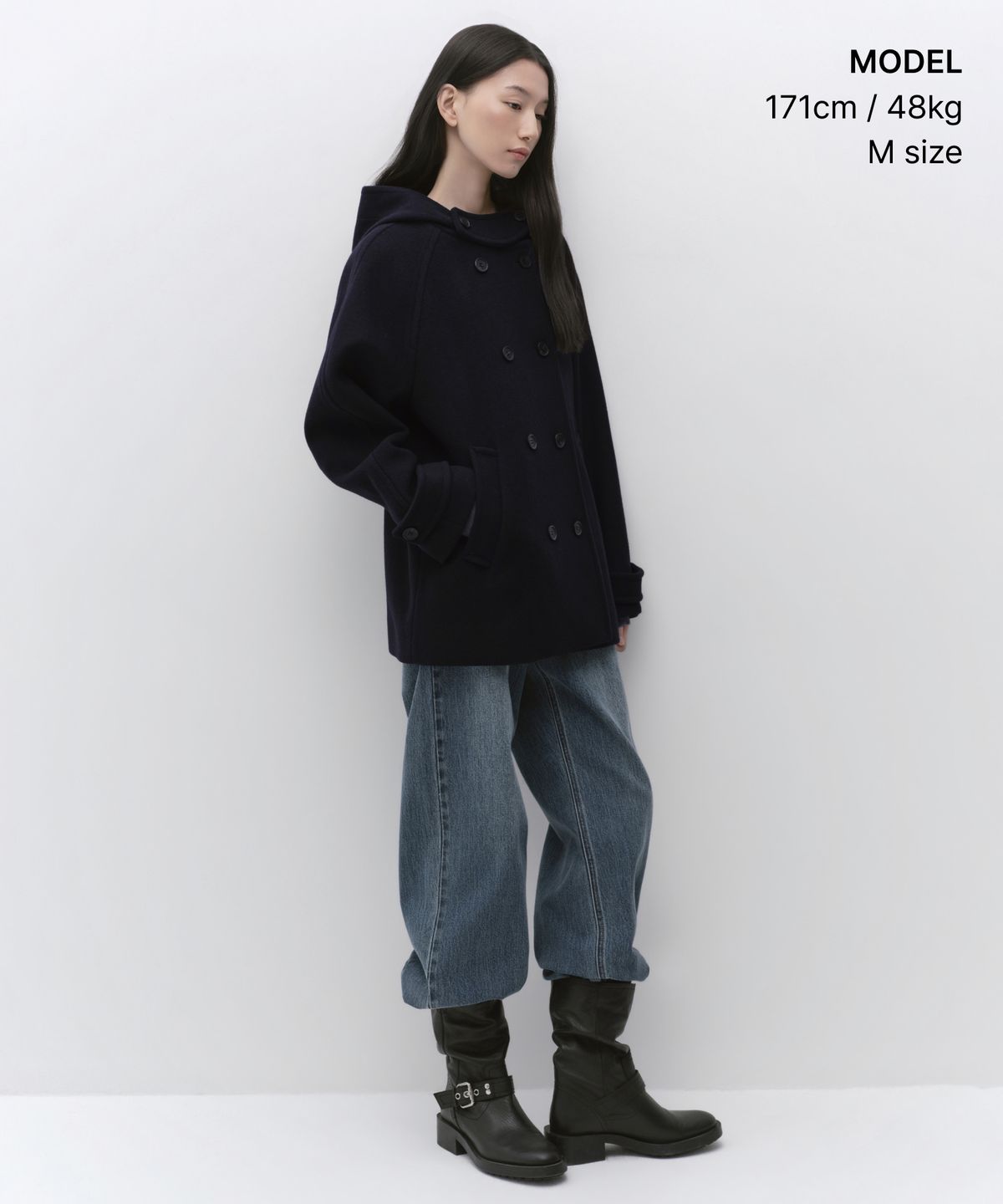 무신사 스탠다드 우먼(MUSINSA STANDARD WOMAN) 우먼즈 울 블렌드 후디드 더블 하프 코트 [네이비]