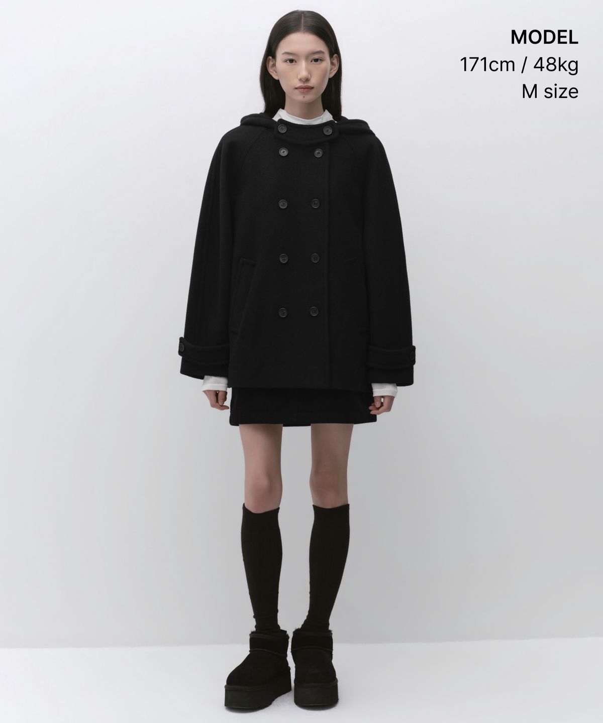 무신사 스탠다드 우먼(MUSINSA STANDARD WOMAN) 우먼즈 울 블렌드 후디드 더블 하프 코트 [블랙]