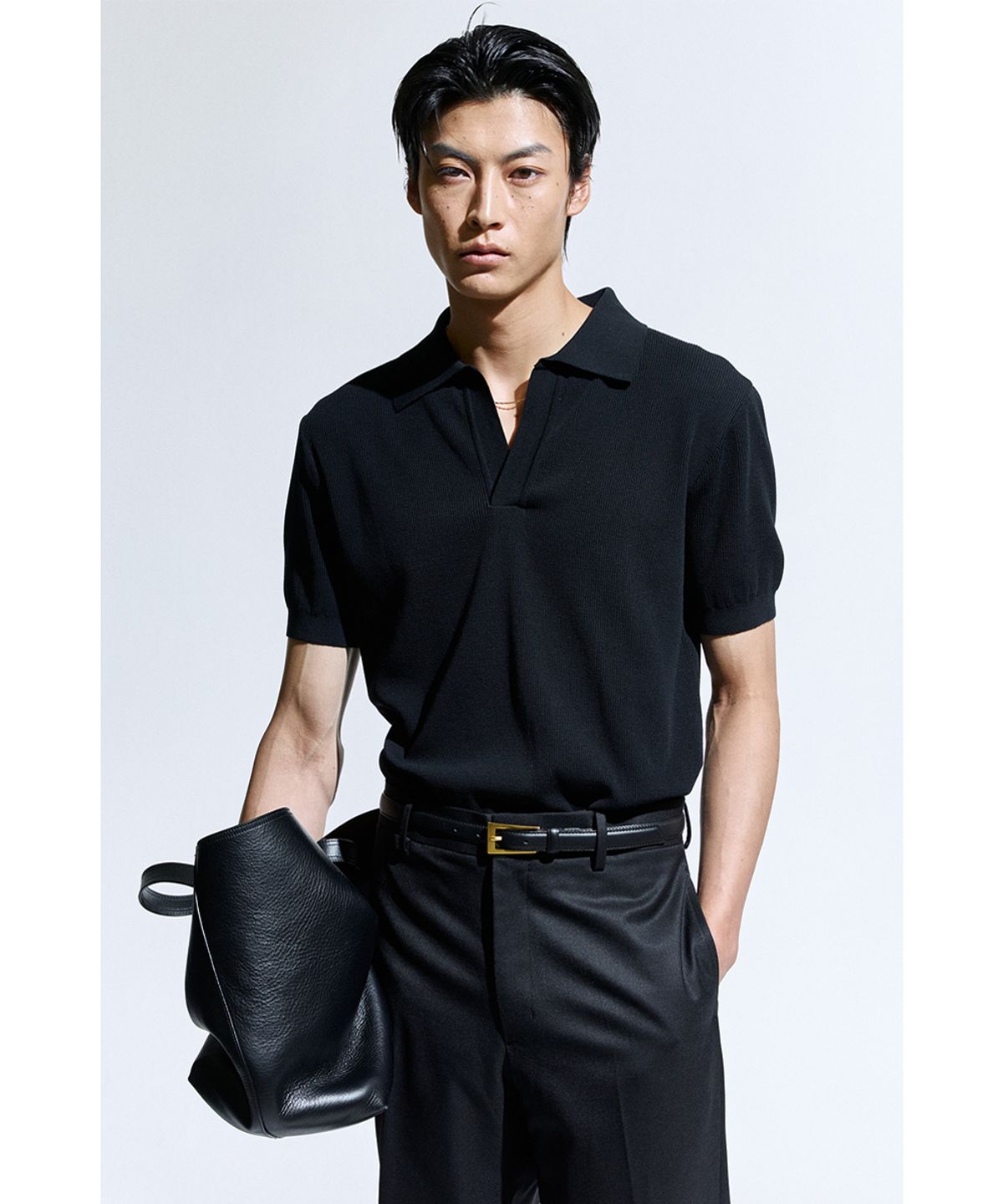 세비지(SAVAGE) Open Collar Polo Knit - Black